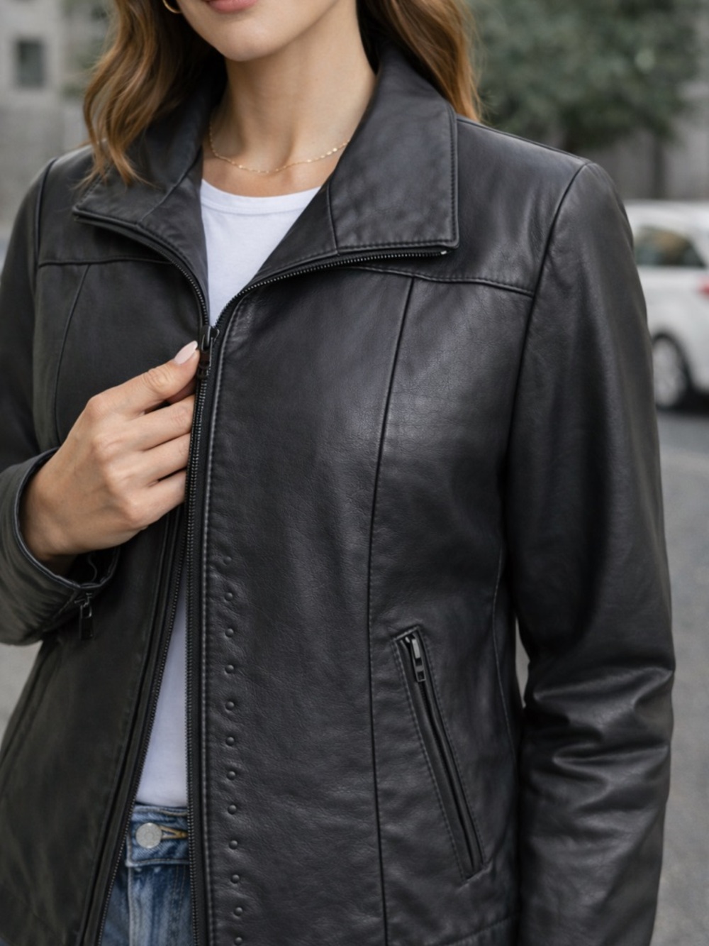 Classic Black Leather Zip-Front Jacket
